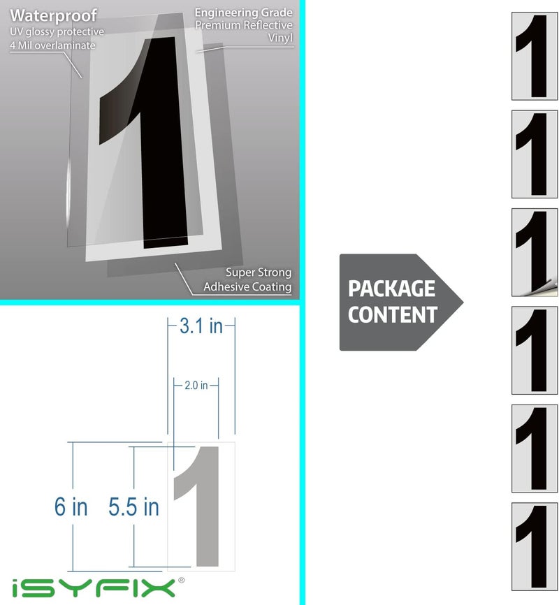 iSYFIX Black Vinyl Number 1 (One) Stickers - 6 Pack 6 inch - Premium Decal, Reflective Background, Pre-Spaced for Mailbox, Signs, Window, Door, Car, Trucks, Home, Business, Address, Indoor & Outdoor - Image 2